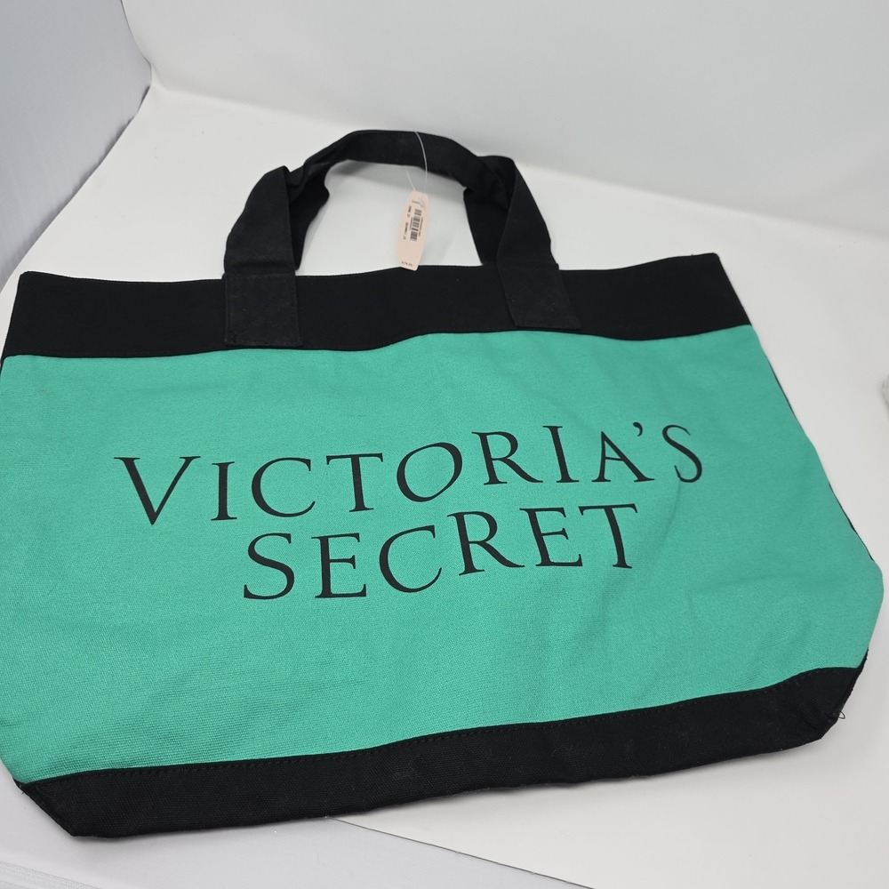 Victoria's Secret Tote Bag Women Large Teal Blue Black Canvas Logo Colorblock - Picture 8 of 8